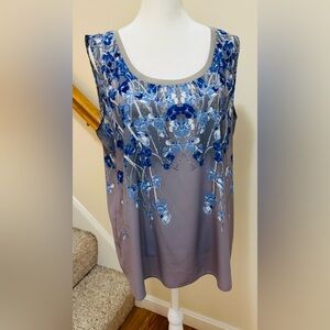Tahari blue floral, sleeveless top. Beautiful feel, drape. Size large.